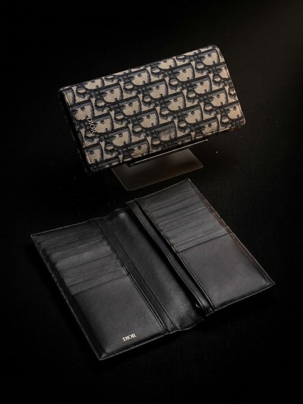 Dior Black Leather Interior with Tan & Black Oblique Canvas Long Wallet